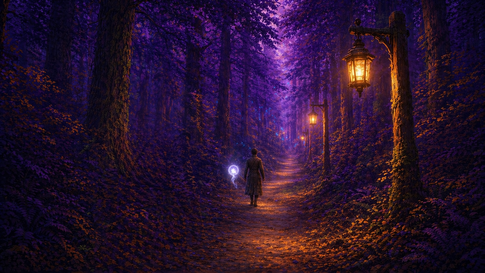 Eruin main menu, a cloaked figure overlooking a fantasy village with waterfalls