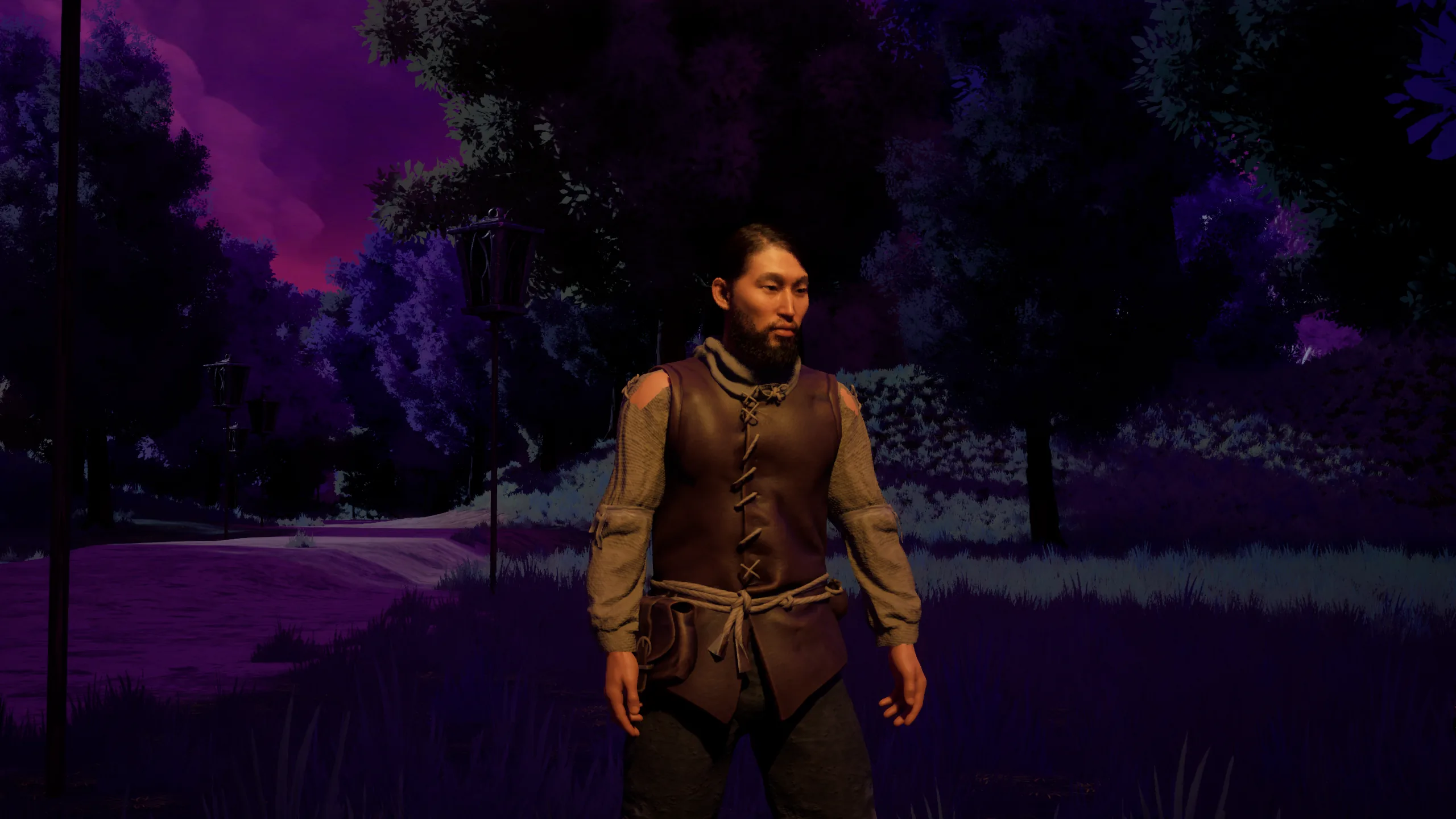 Alder, a bearded man in a leather jerkin, turns toward the player under the lanterns by the town wall