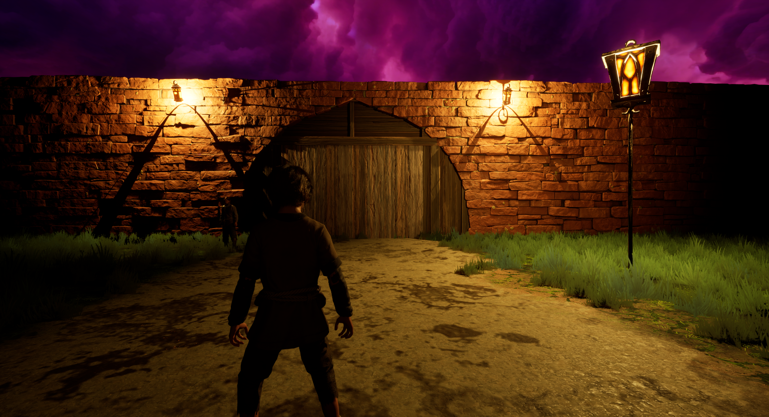 A traveler approaches the fortified city gates under a purple sky