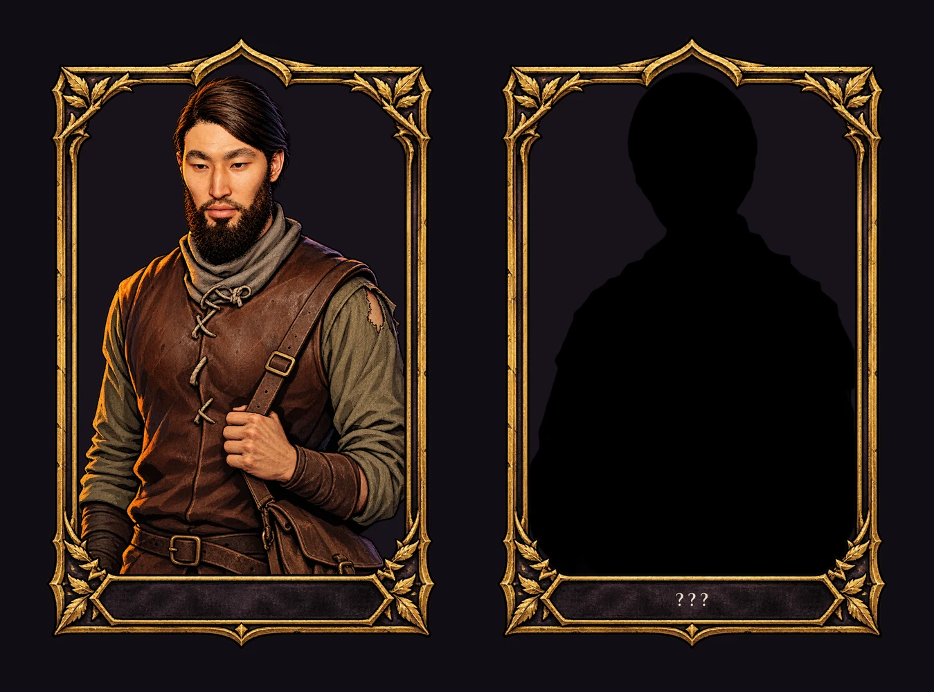 Two character cards in ornate gold frames. The left shows a bearded traveler with a satchel; the right is a black silhouette with three question marks on its name plate.