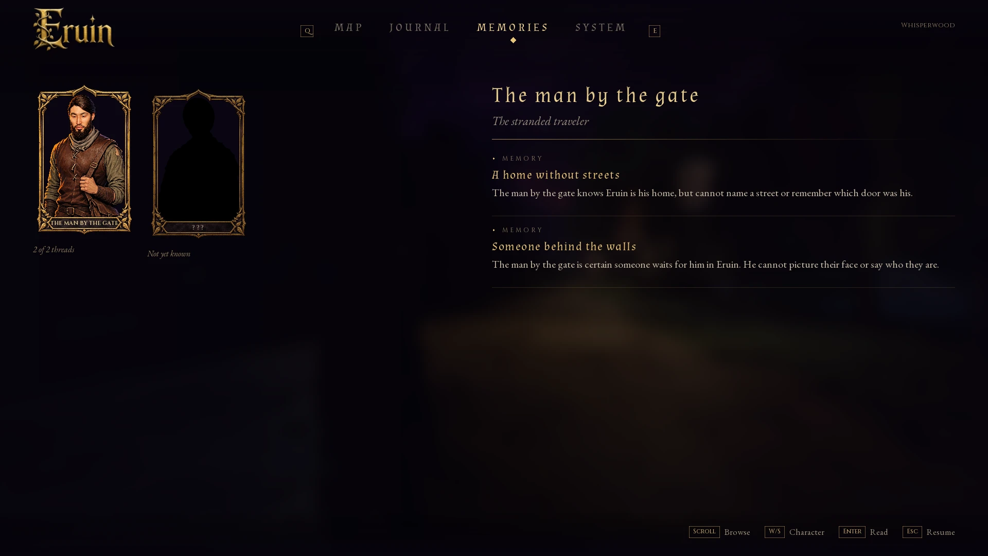 A development interface preview of Memories, showing two early fragments about the stranded traveler