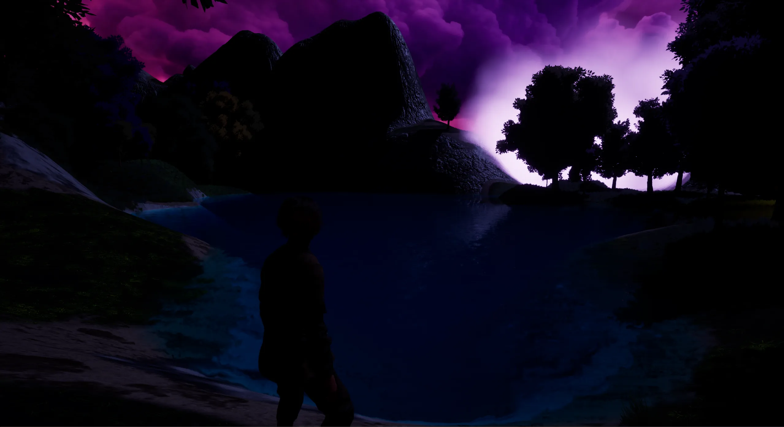 The player stands at the edge of a dark lake beneath a storm-lit purple sky