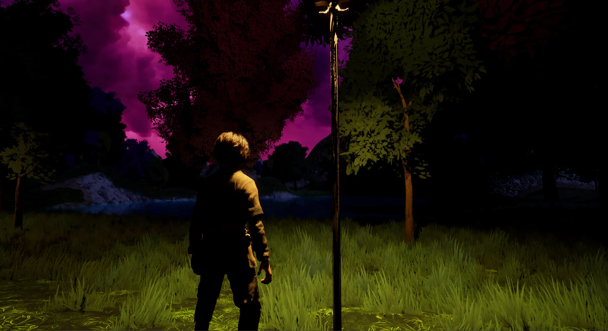 The player stands in a grassy meadow by a lakeshore beneath a magenta sky