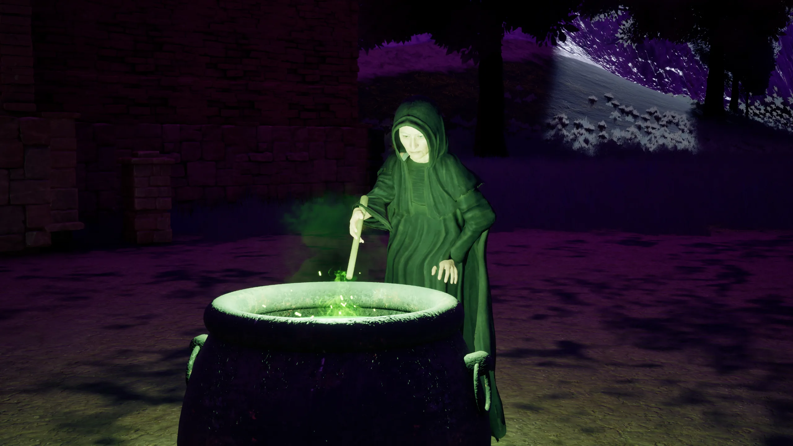Morrin, hooded in green, stirs a glowing cauldron outside her hut at night