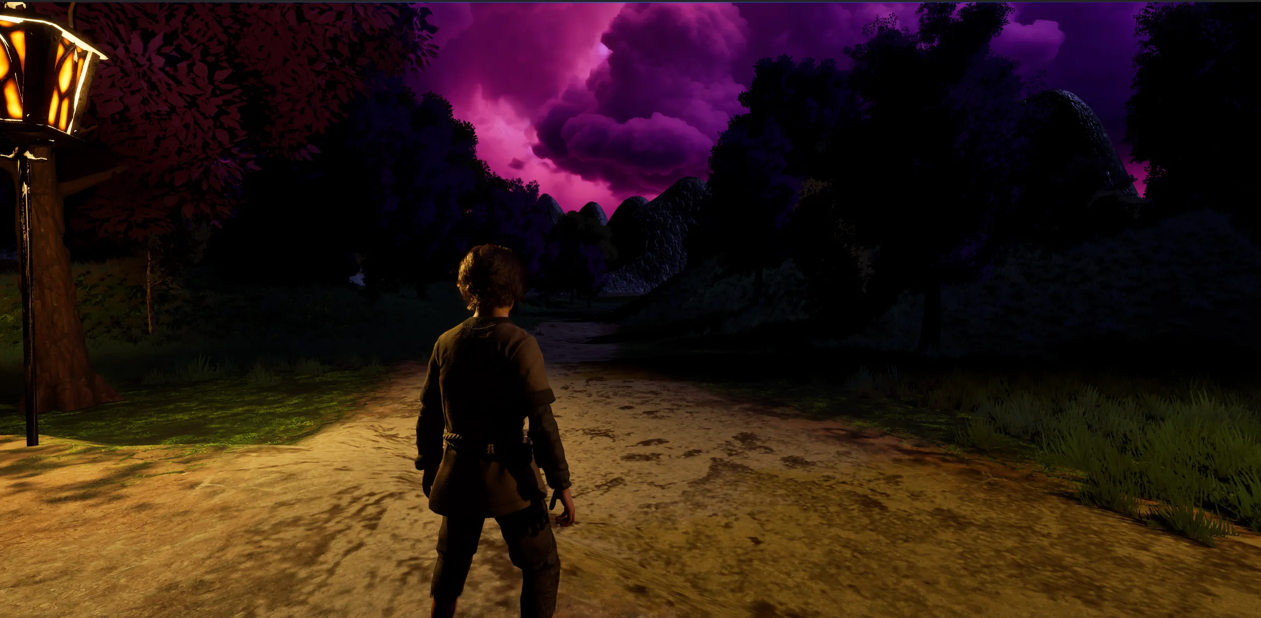 The player stands on a lantern-lit forest road beneath a churning purple storm