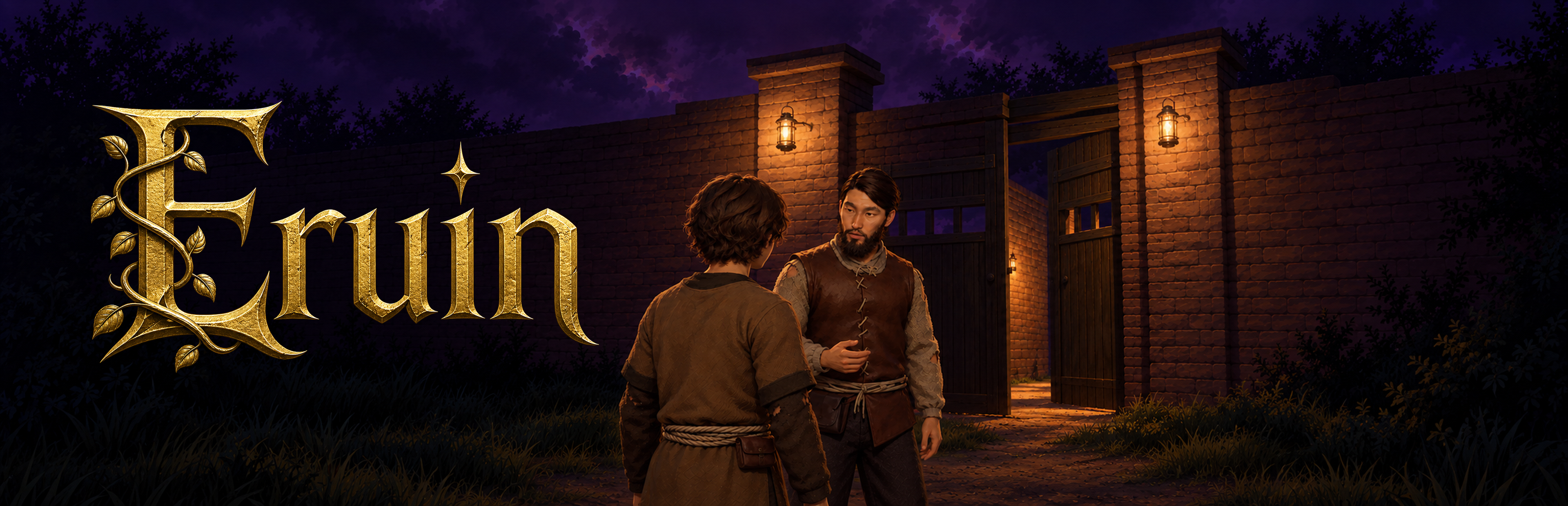 Eruin key art: the young hero meets a bearded traveler beneath lanterns at the town gate.