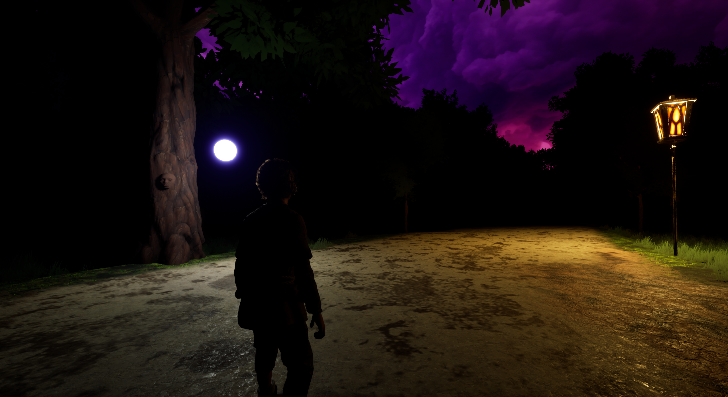 A figure stands beneath trees with a glowing orb under a violet sky