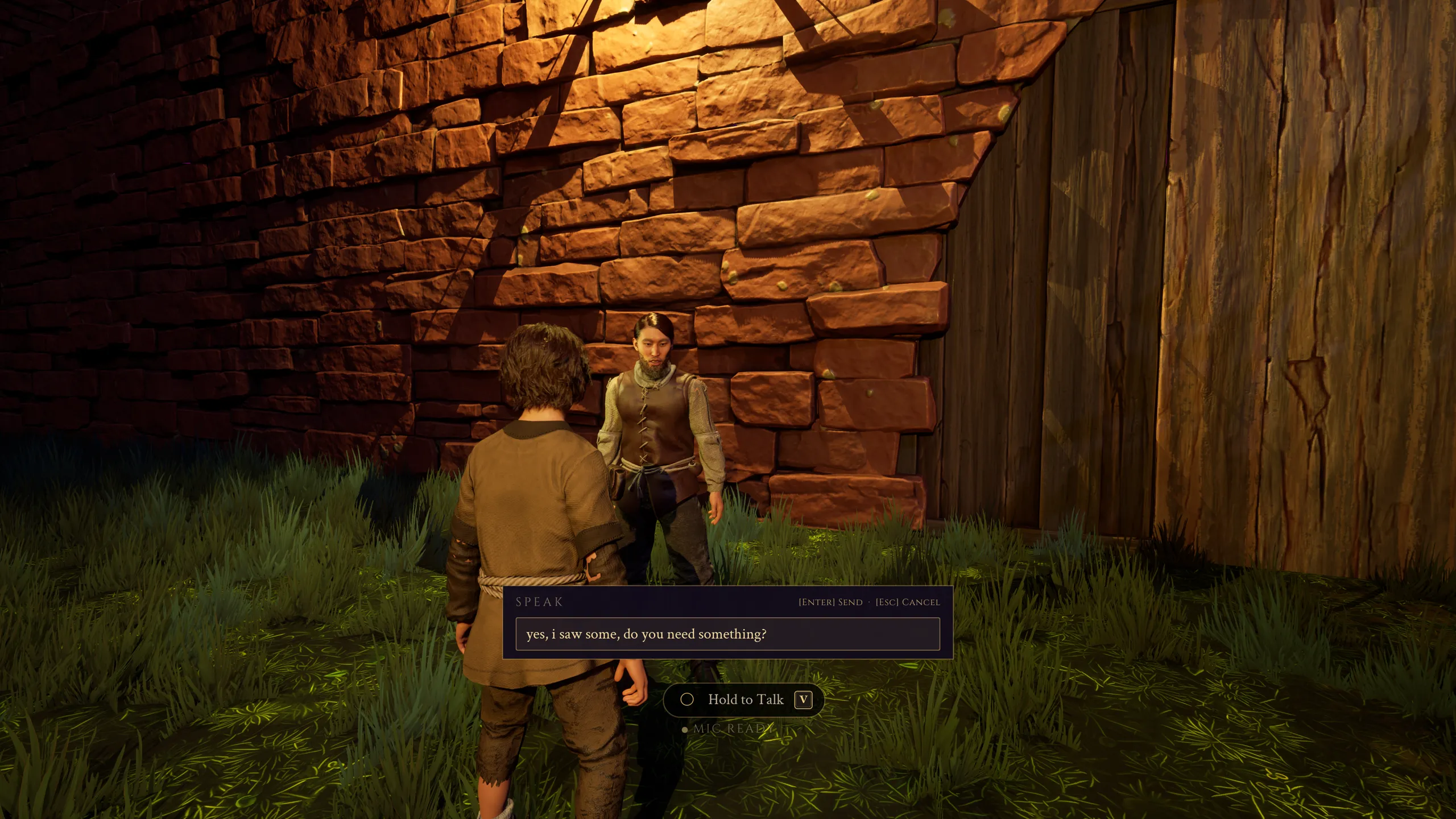 The player types a reply in an in-game text box while talking to a villager beneath the town wall