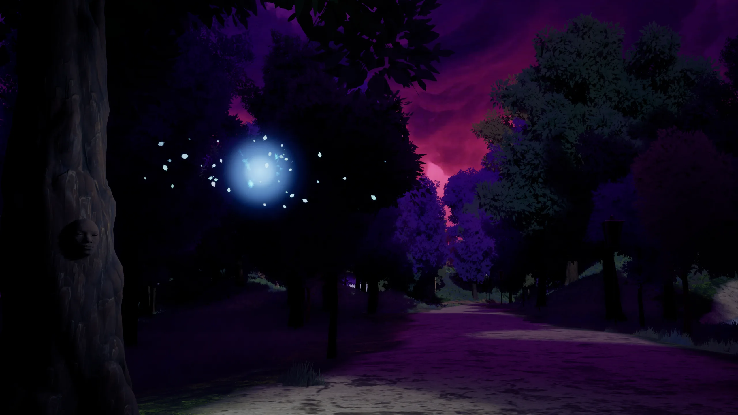 A carved face in an old tree trunk, the Wisp glowing beside it under a purple storm sky