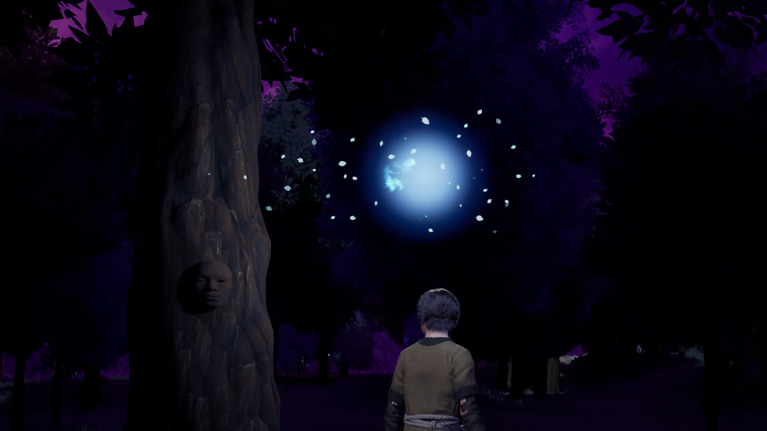 The player stands before the carved tree as the Wisp hovers above him